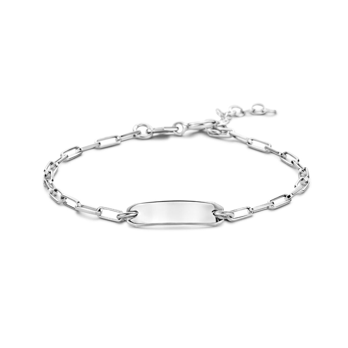 Pulsera de plata rhodium con placa central de 5,0 mm y eslabones alargados, ajustable de 16 a 18 cm.