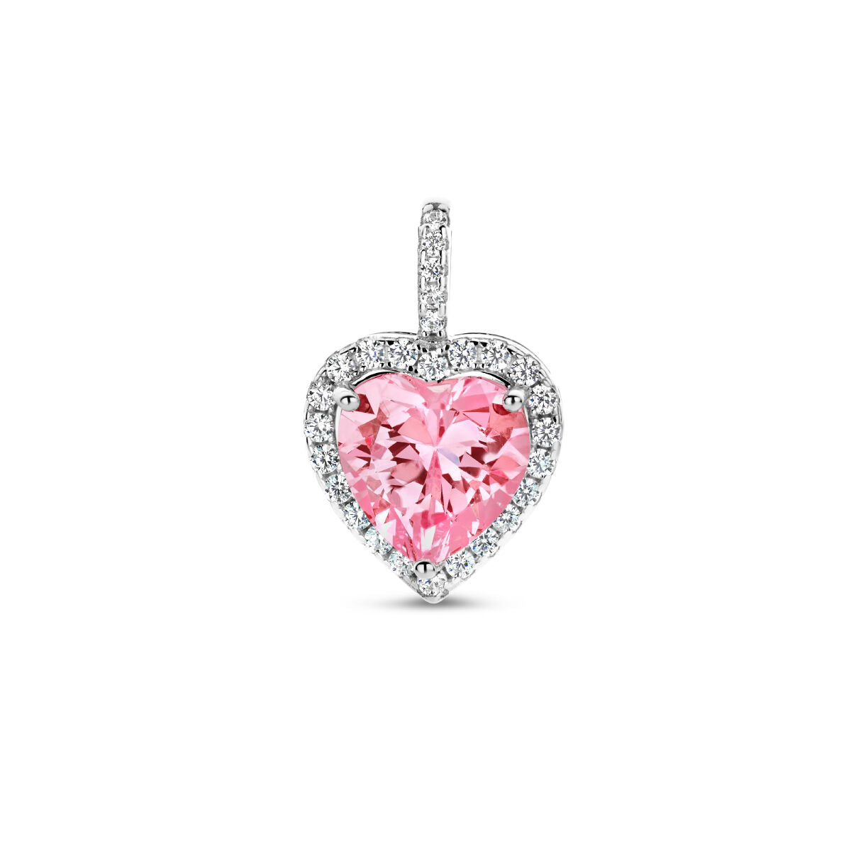 Colgante en forma de corazón con circonitas blancas y rosas, acabado en plata rodiada.