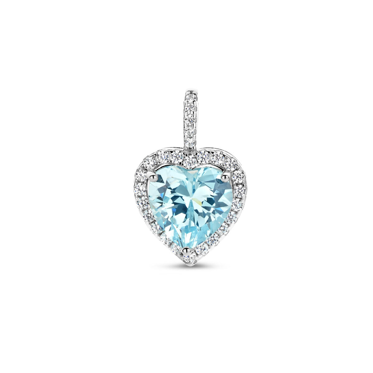 Colgante en forma de corazón con zircón color aquamarina y halo de circonitas en plata rodiada.