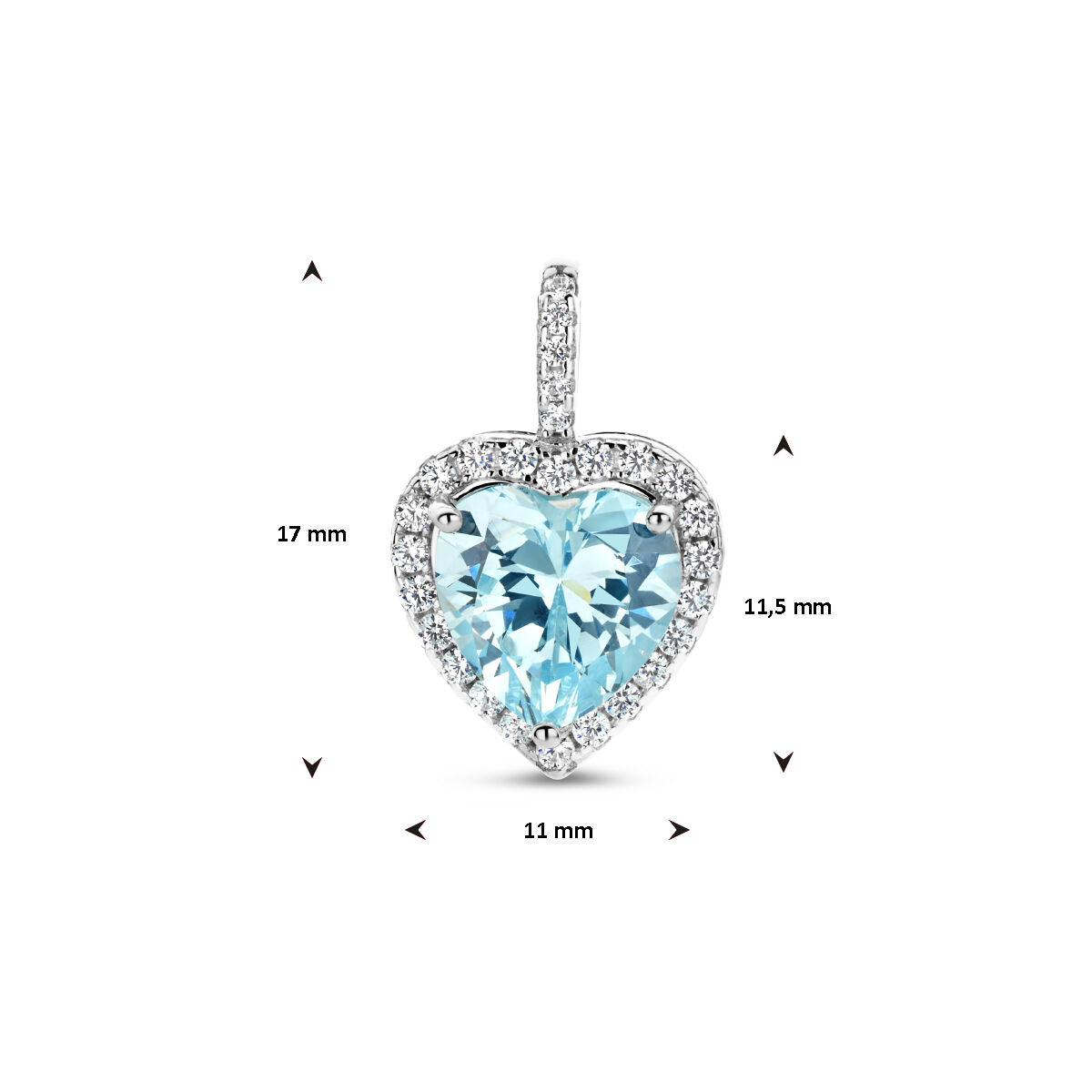 colgante corazón blanco y circonita color aguamarina halo plata rodiada