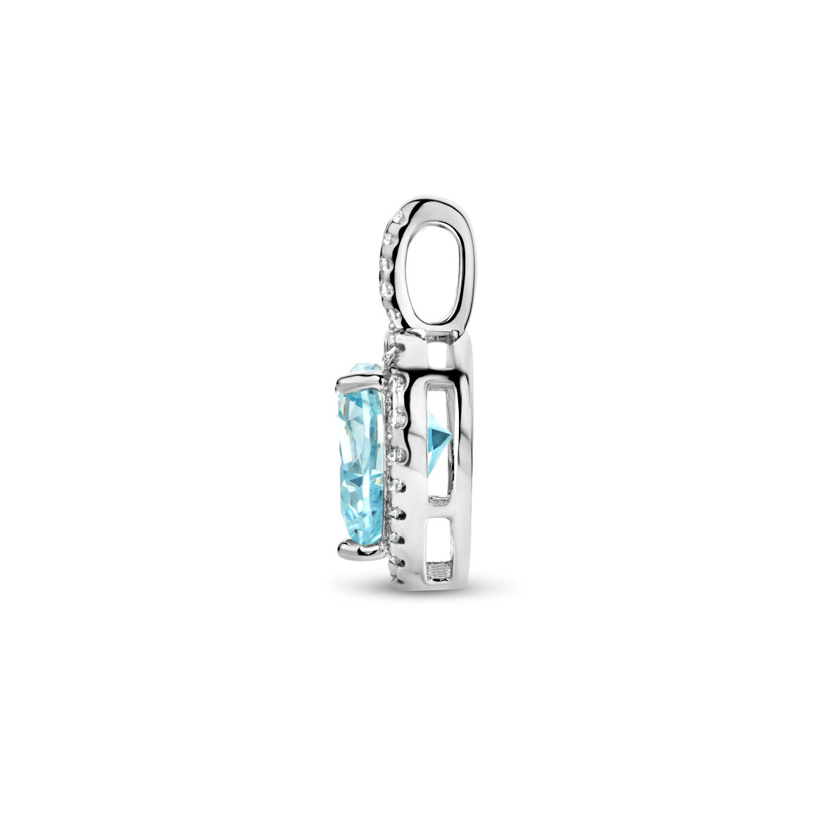 colgante corazón blanco y circonita color aguamarina halo plata rodiada