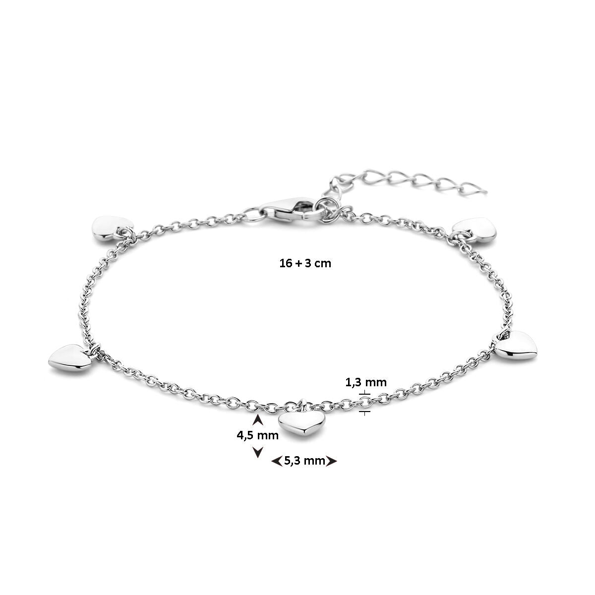 pulsera de corazones 16 + 3 cm plata rodiada