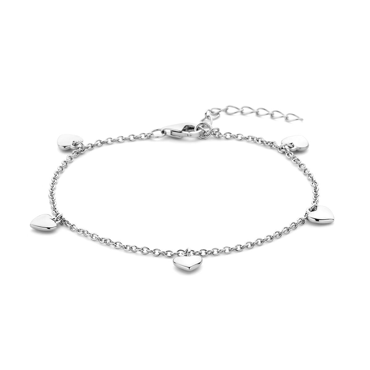 Pulsera de plata rodiada con cinco charms en forma de corazón y extensión de 3 cm.