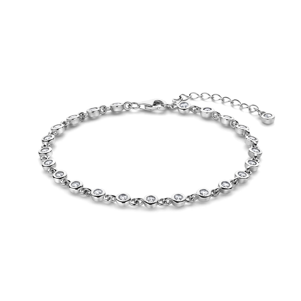 Pulsera de zirconia de 17 + 3 cm en plata rodiada, con un diseño delicado y brillante.