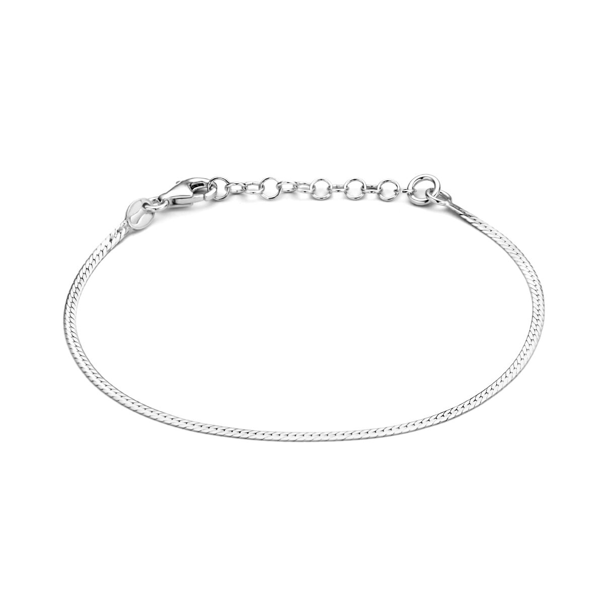 Pulsera plana de 1,7 mm en plata rodiada, con extensión de 16 + 3 cm.