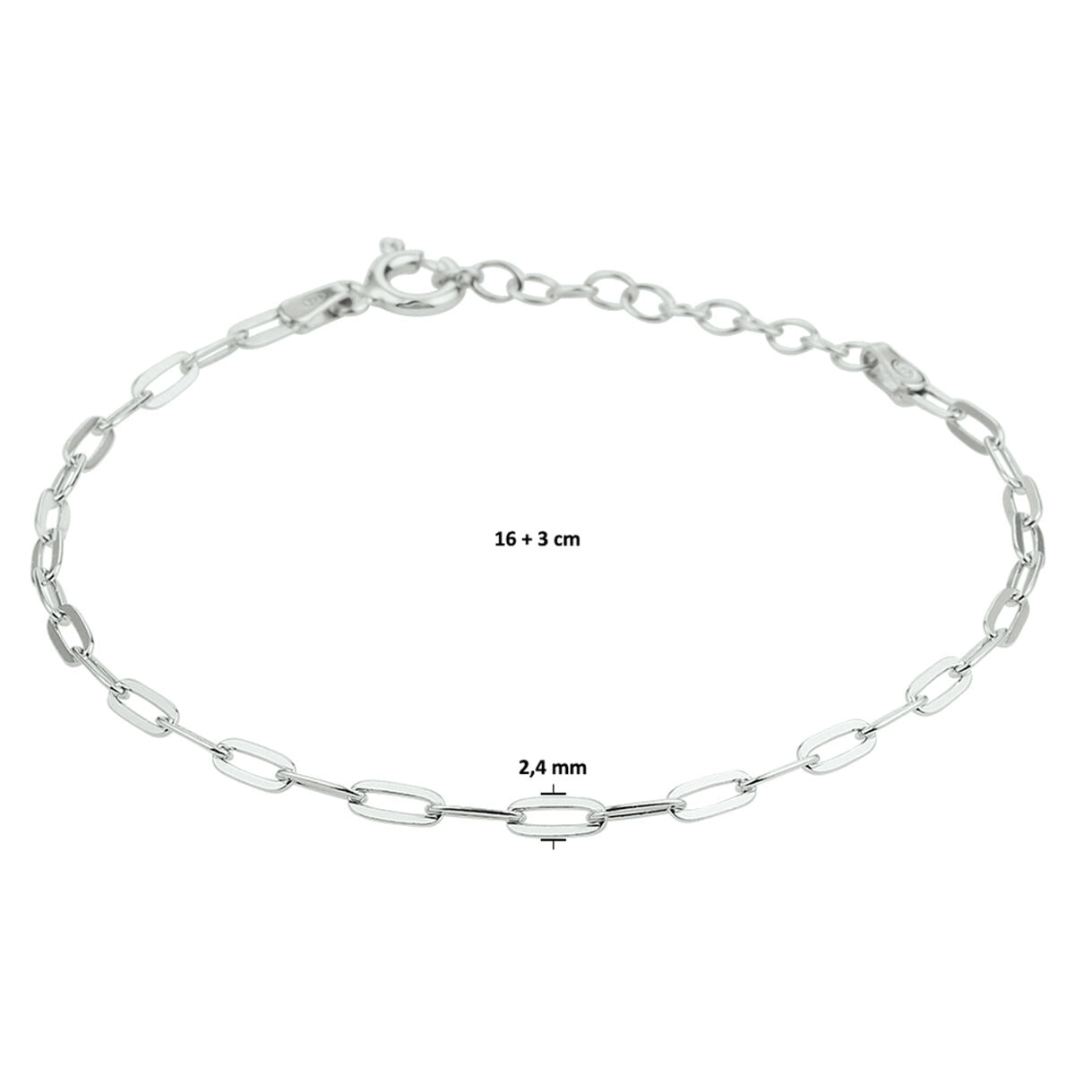 Van der Kooij Collectie armband paperclip platte buis van gerhodineerd zilver, 2,4 mm breed met stevige karabijnsluiting en verlengketting. Lengte: 16 + 3 cm.