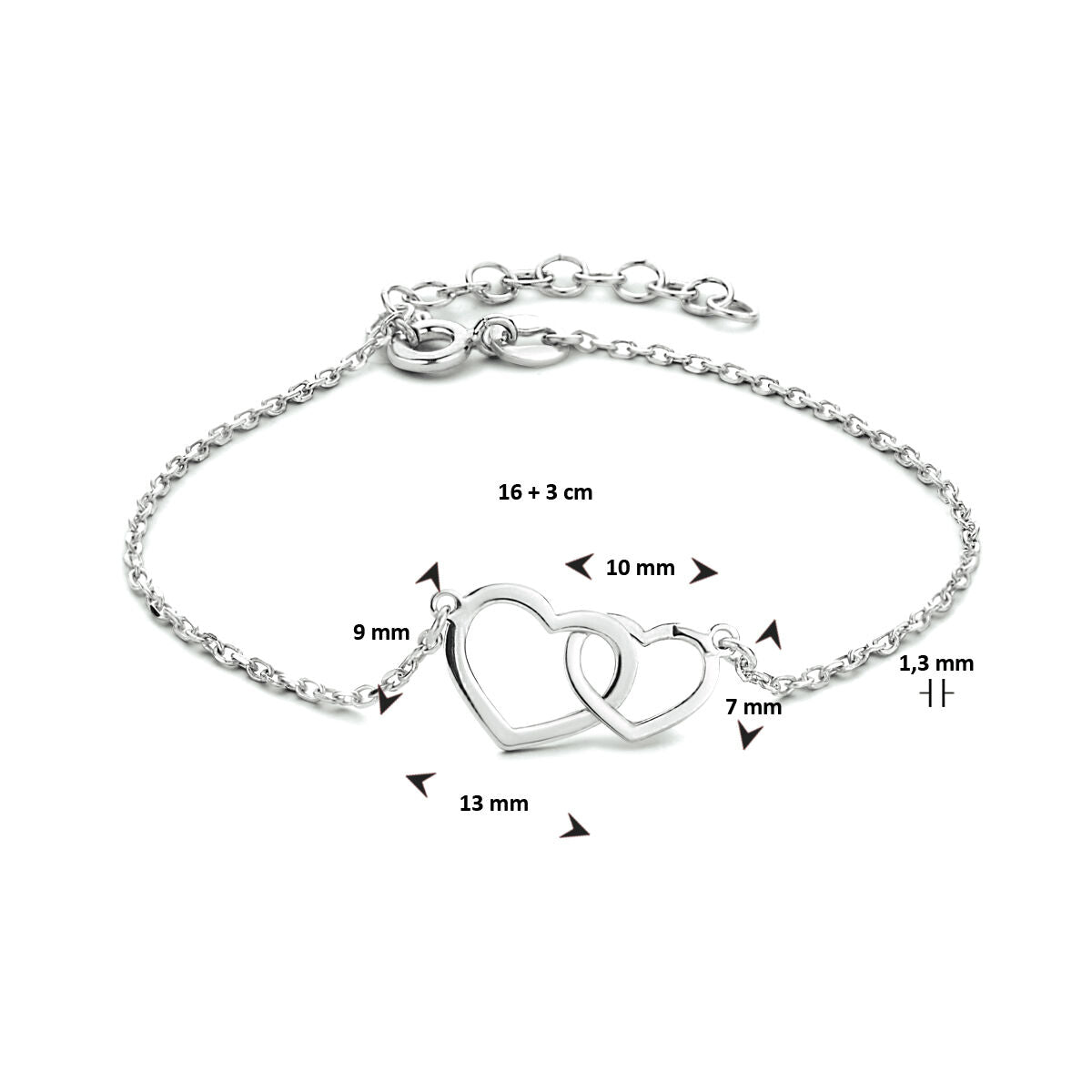 pulsera de corazones 16 + 3 cm plata rodiada