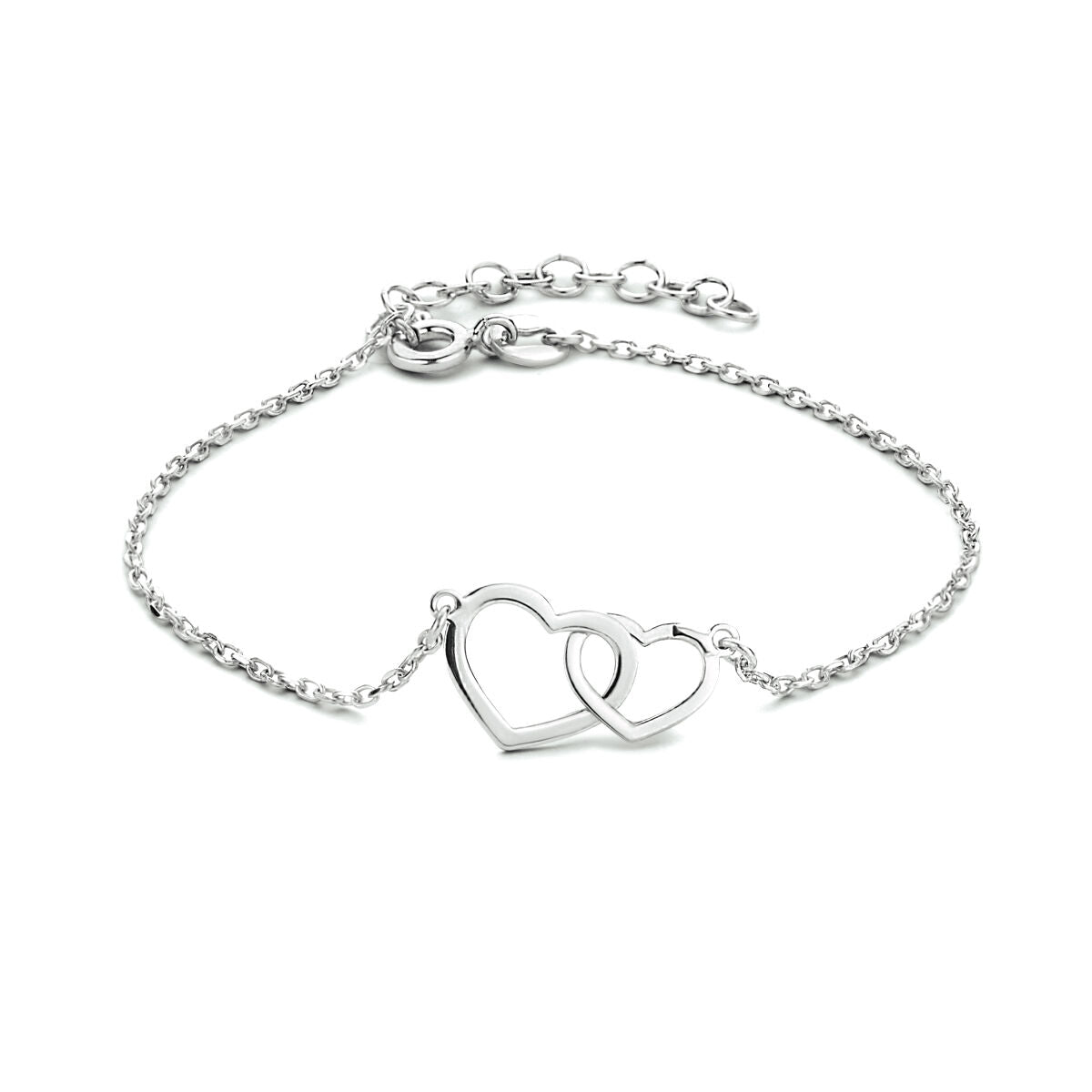 Pulsera de plata rhodium con dos corazones entrelazados y cadena ajustable de 16 + 3 cm.
