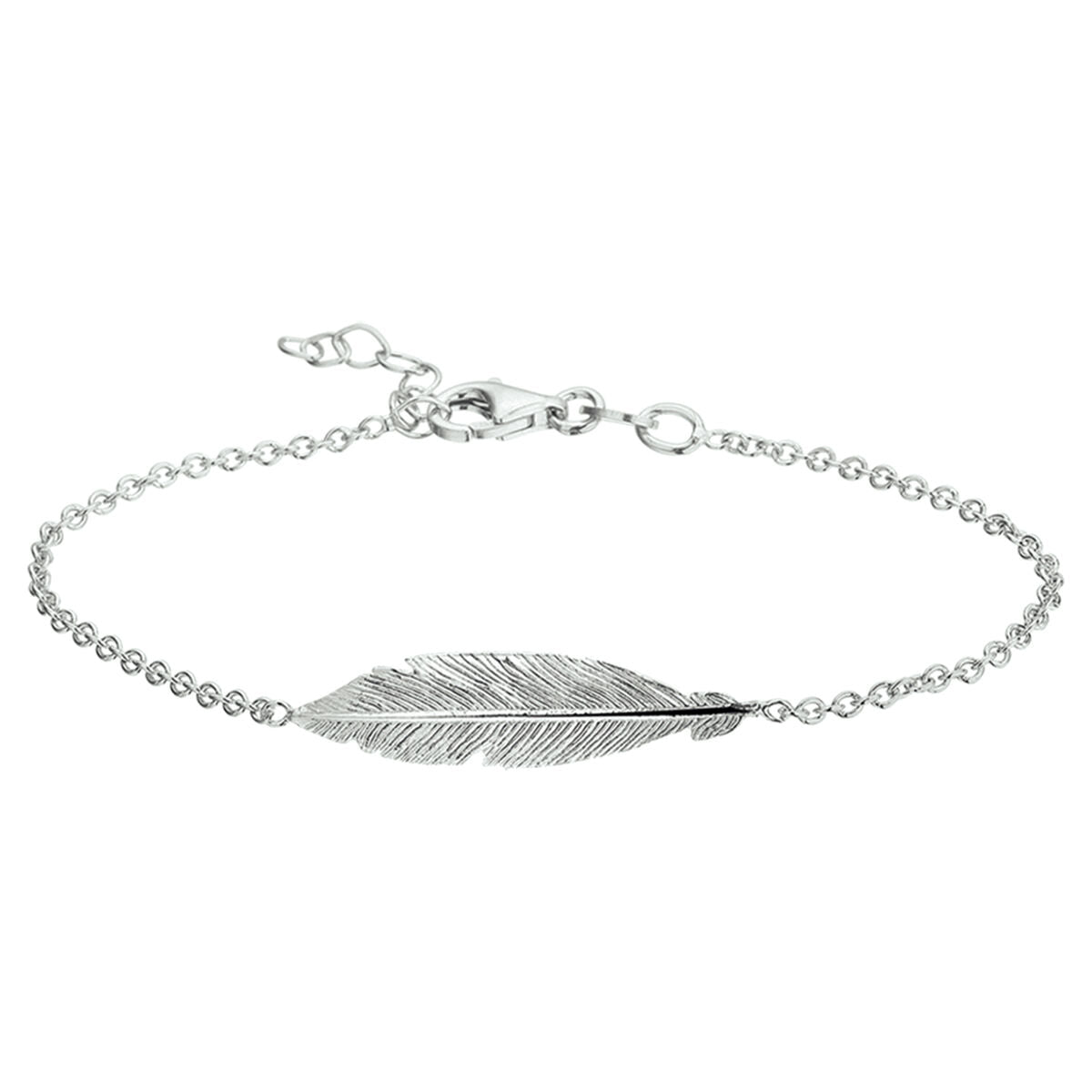 Pulsera de plata rodiada con un colgante en forma de pluma.