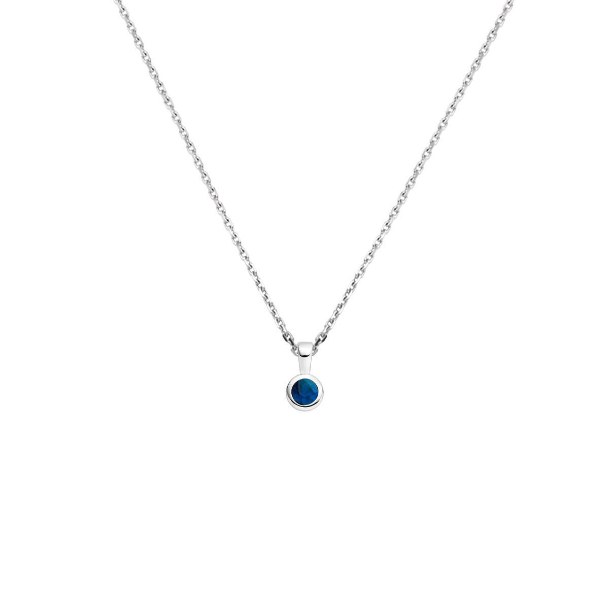 Collar de plata rodiada con una piedra de nacimiento azul, longitud de 41 + 4 cm.