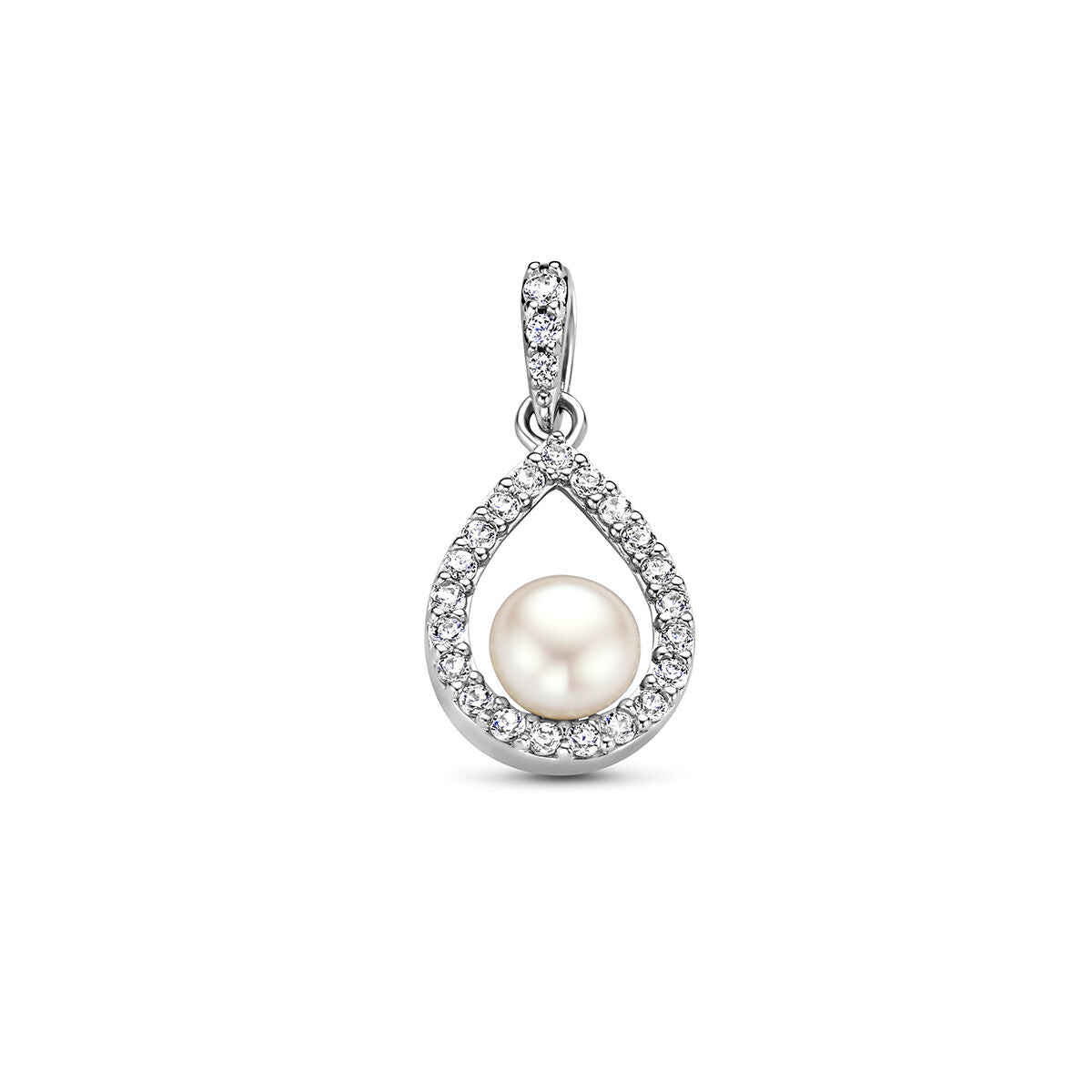 Colgante de plata rodiada con perla y circonitas en forma de gota.