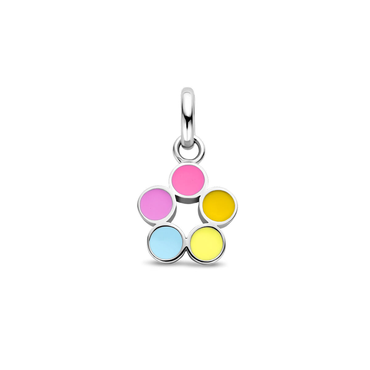Colgante en forma de flor de plata rodiada con círculos de colores rosa, azul y amarillo.