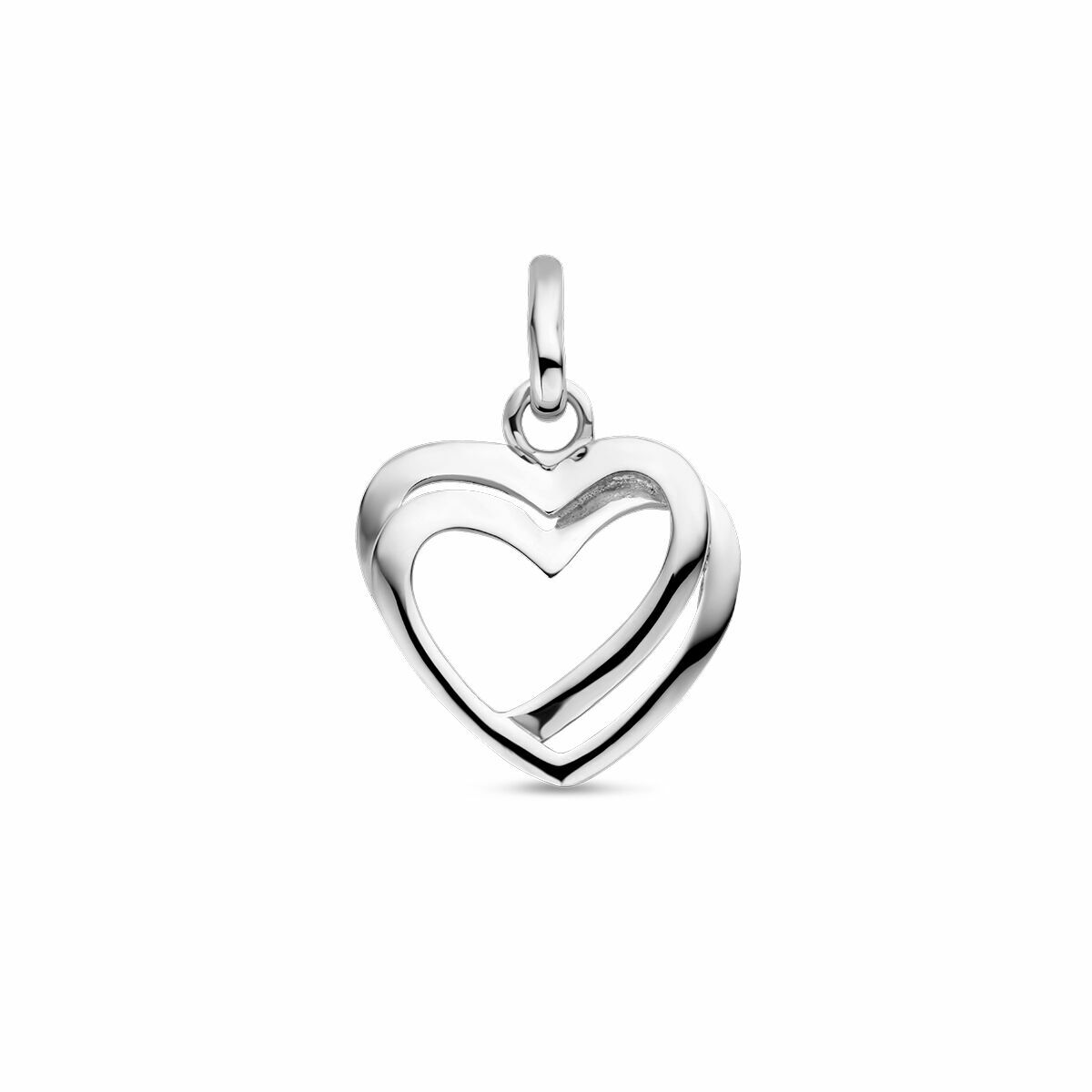 Colgante en forma de corazón de plata rodiada con un diseño de doble corazón.