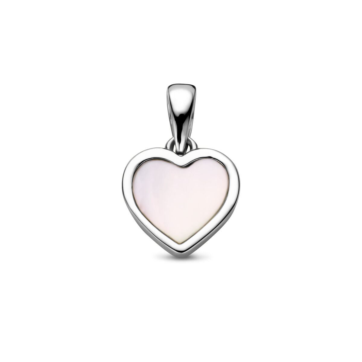 Colgante de corazón de nácar con acabado en plata rodiada.