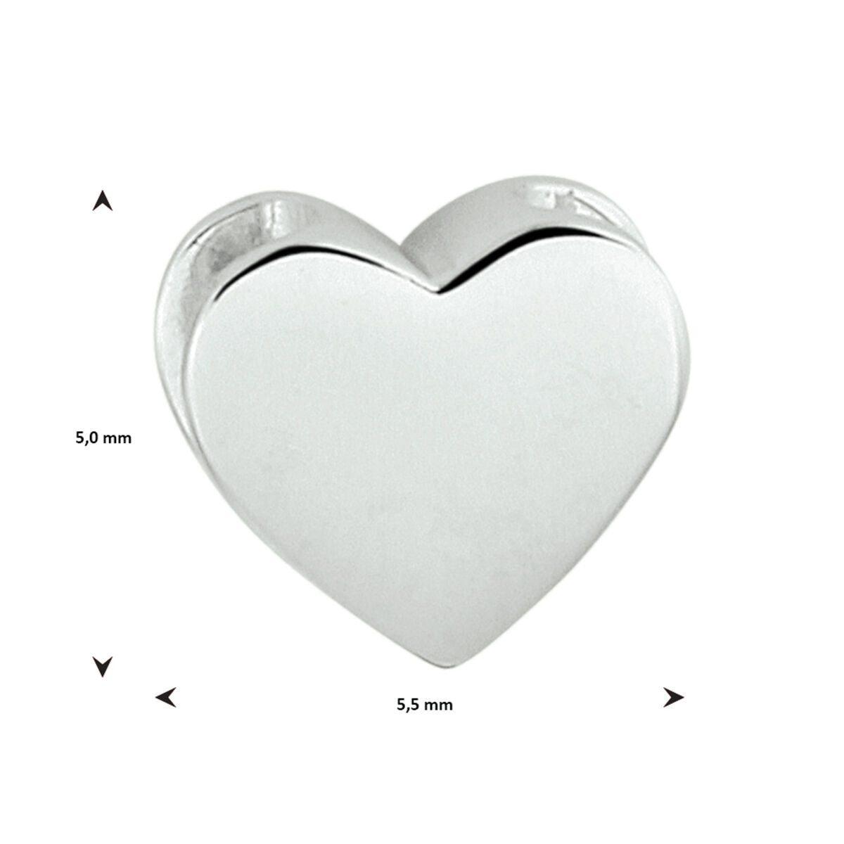 De hanger hart zilver gerhodineerd van Van der Kooij Collectie, een glanzend zilveren hanger van 5,0 mm hoog en 5,5 mm breed, is afgebeeld op een witte achtergrond - perfect als dames sieraad.
