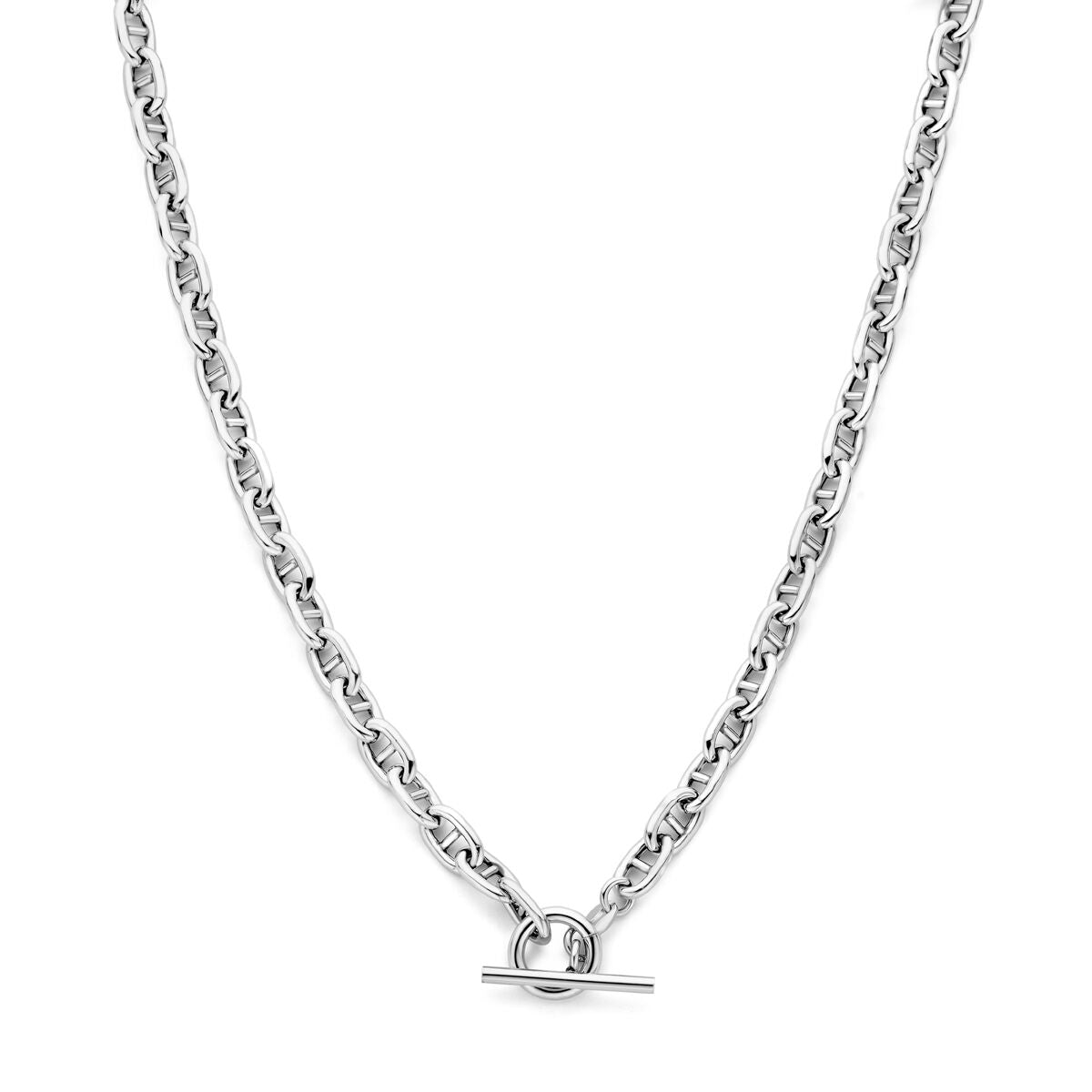 Collar de eslabones redondos de 5,9 mm y 42 cm con cierre de capiteles en plata rodiada.