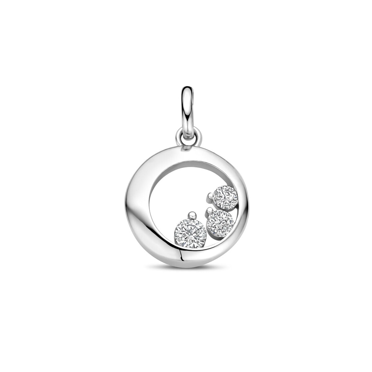 Colgante de plata rodiada con zircónia, forma circular y detalles brillantes.