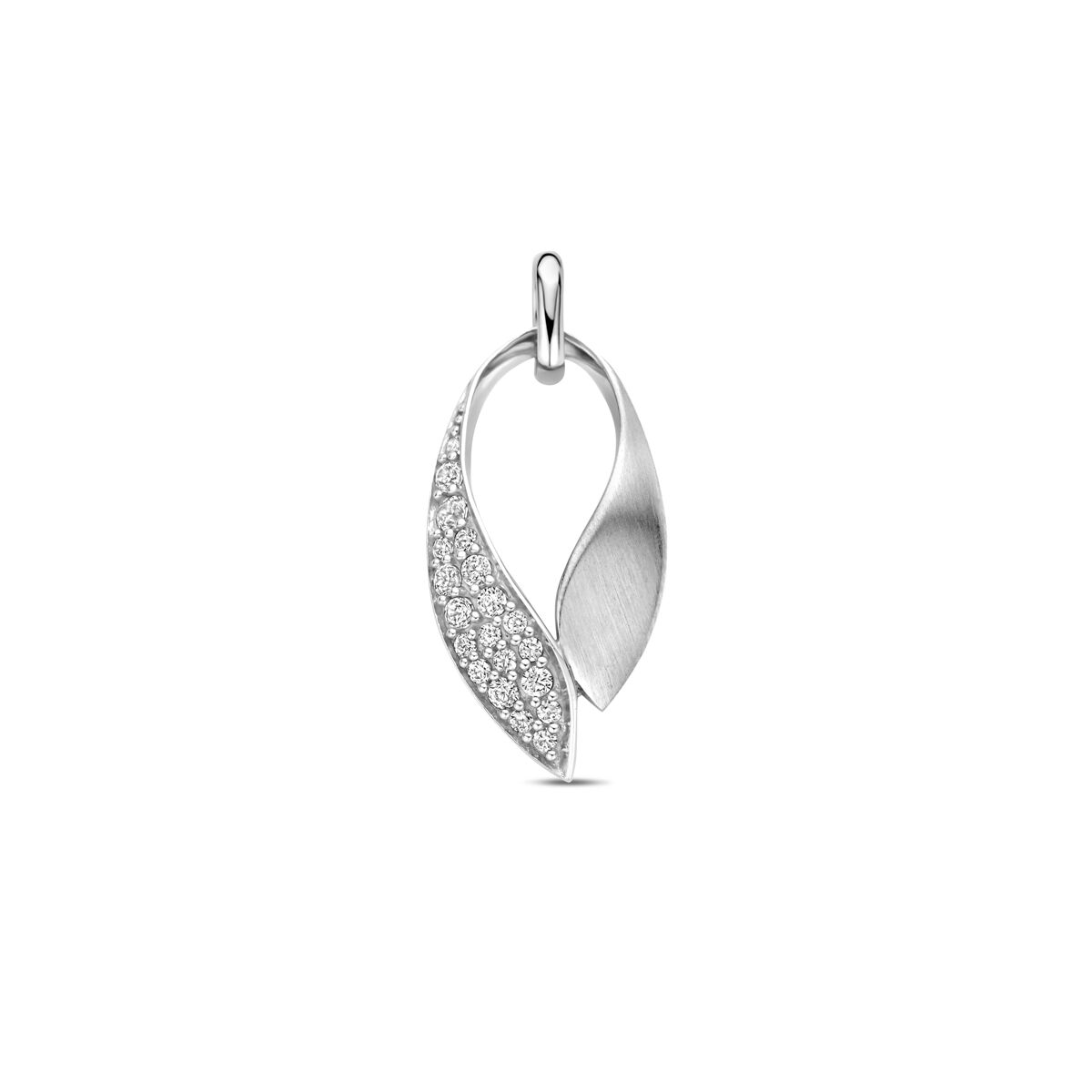 Colgante de plata rodiada con zircónia, acabado pulido y mate, forma de hoja de 22 mm.