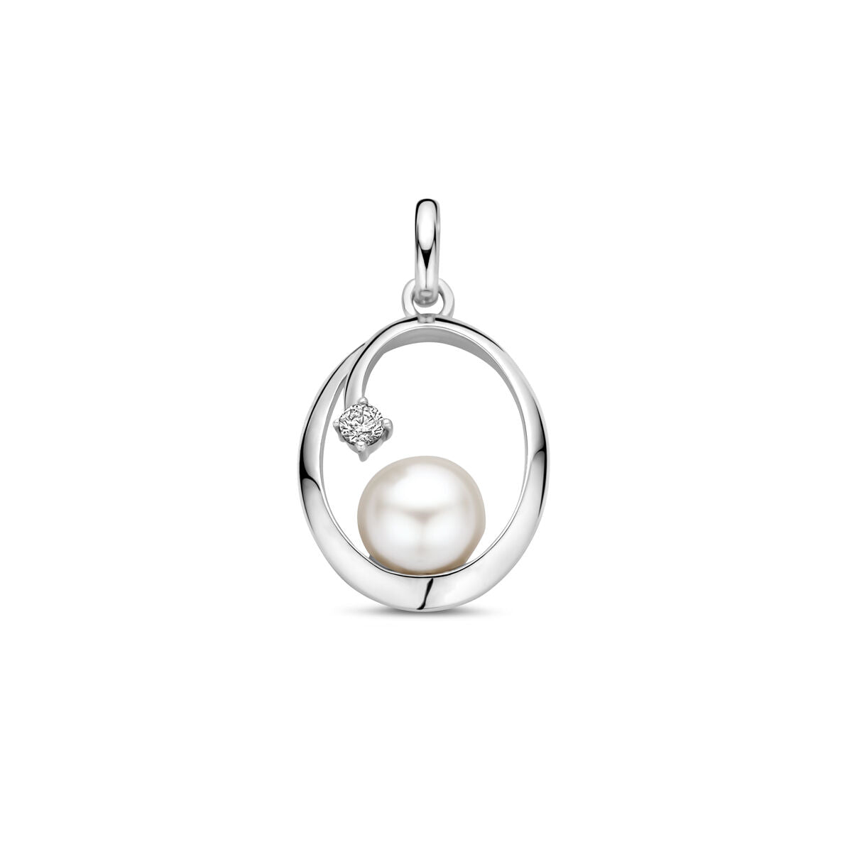 Colgante ovalado de plata rodiada con una perla y un zirconia.
