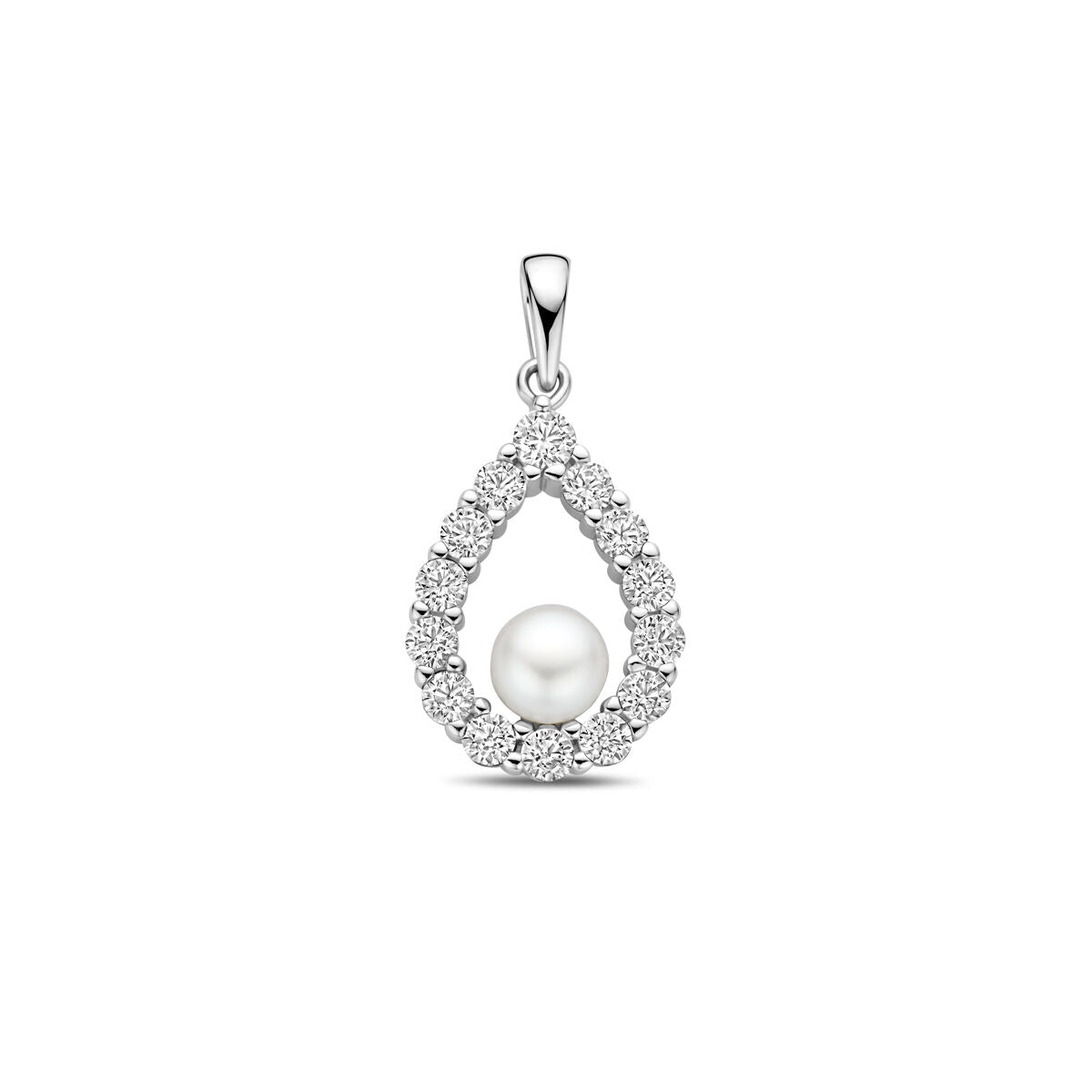 Colgante en forma de gota con perla central y circonitas, acabado en plata rodiada.