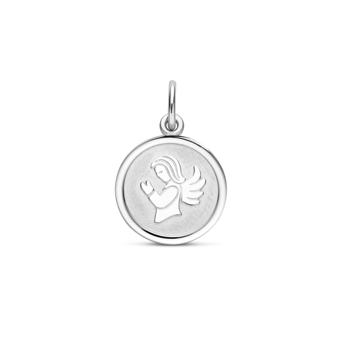 Colgante en forma de corazón con un ángel, acabado pulido y mate, de 18 mm, en plata rodiada.