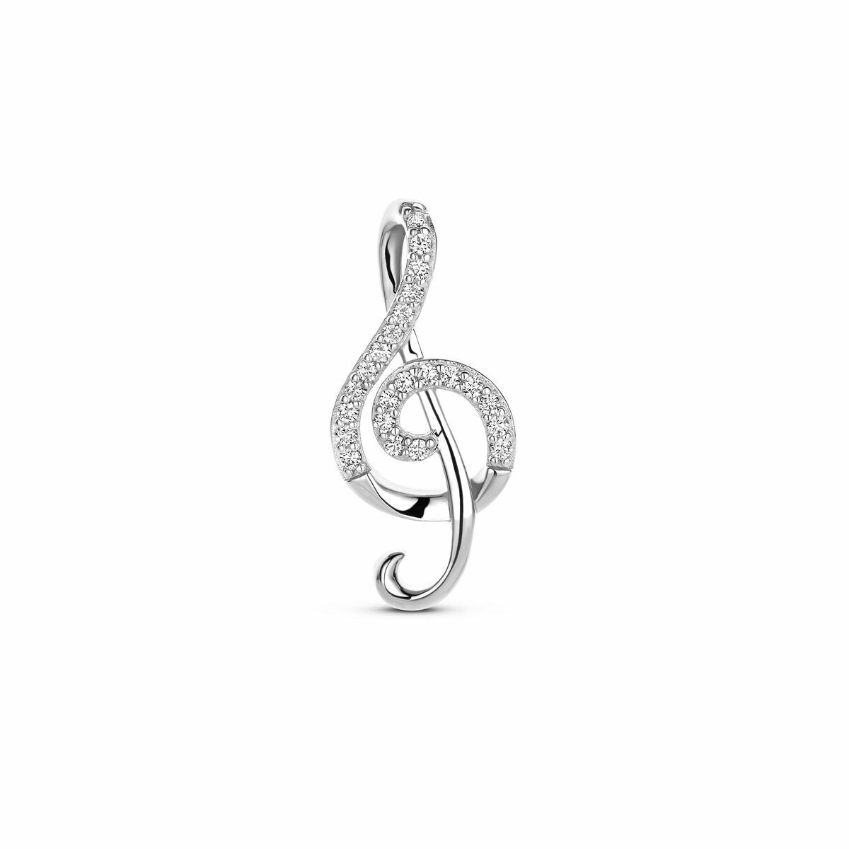 Colgante de nota musical en plata rodiada, decorado con circonitas brillantes.