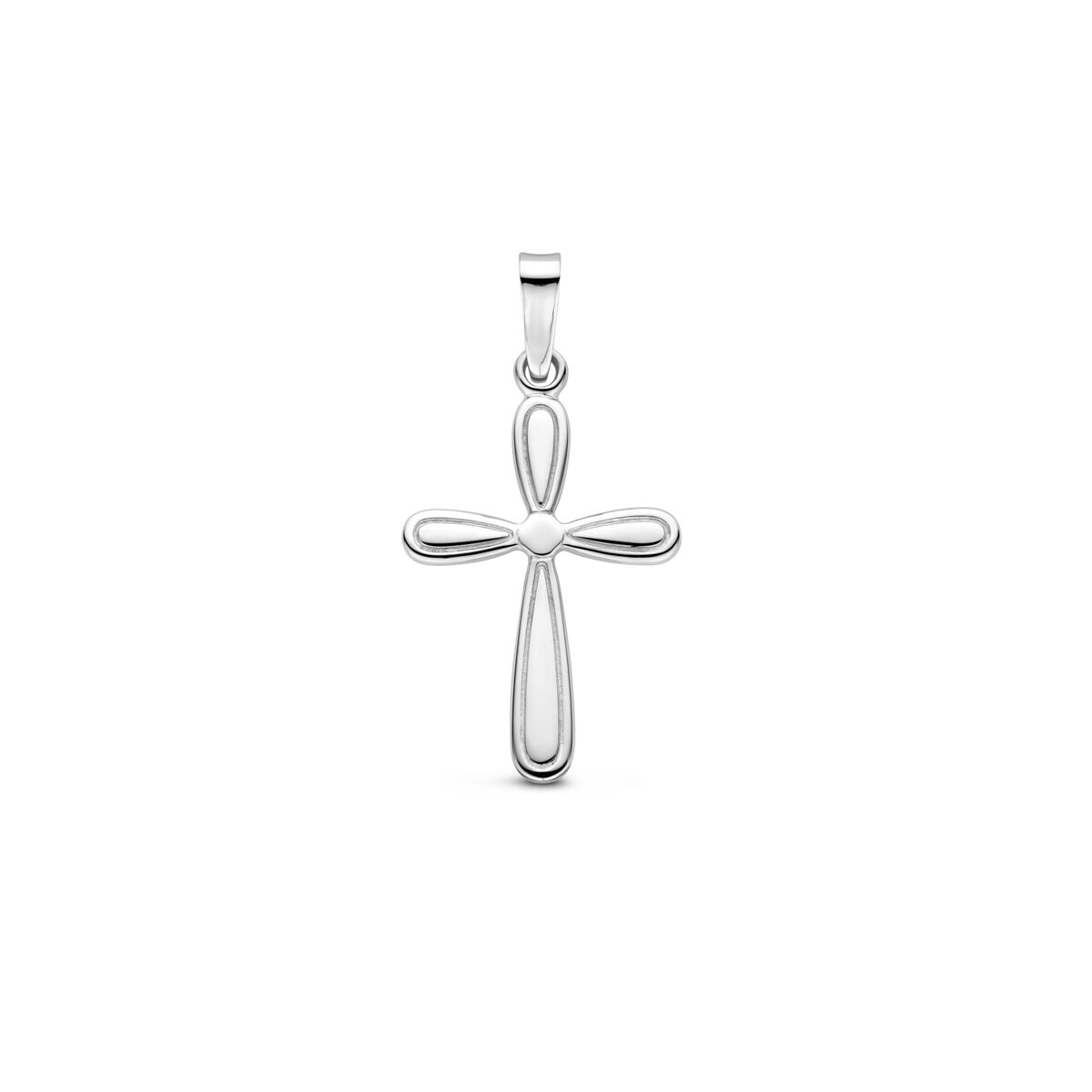 Colgante de cruz de 25 mm en plata rodiada con un diseño sencillo y líneas suaves.
