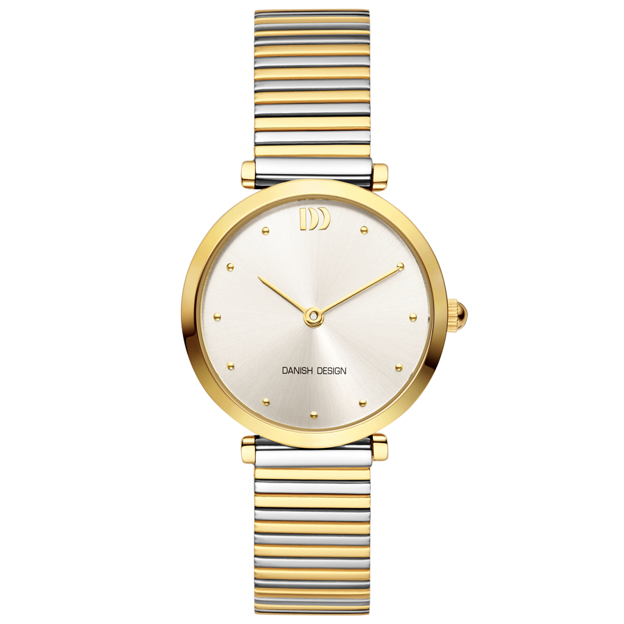 Het Danish Design dames horloge IV84Q1301 heeft een zilverkleurige wijzerplaat, goudkleurige uurmarkeringen en wijzers, een gestreepte tweekleurige metalen band en Danish Design logo's voor een elegante look.