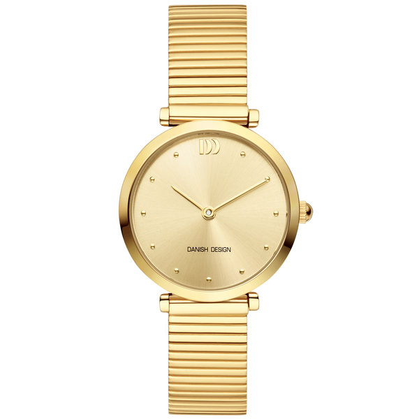 Reloj de mujer con esfera dorada y pulsera de malla metálica dorada.
