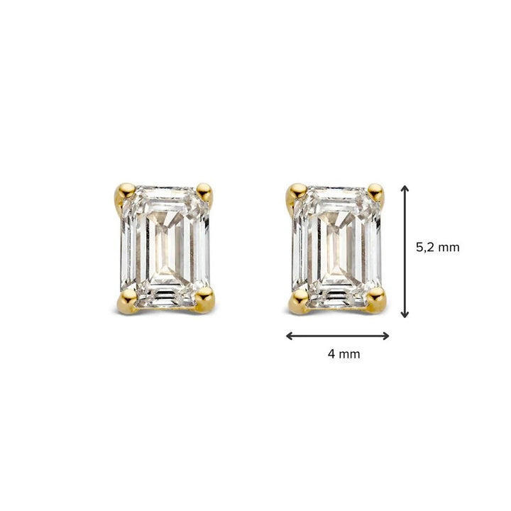 De Oorstekers Nora 0,50 crt. geelgoud van Aurore Jewelry zijn rechthoekige oorbellen met smaragdgeslepen diamanten in geelgoud, met een afmeting van 5,2 mm x 4 mm, met een heldere facetgeslepen look, geïnspireerd op Nora oorbellen.