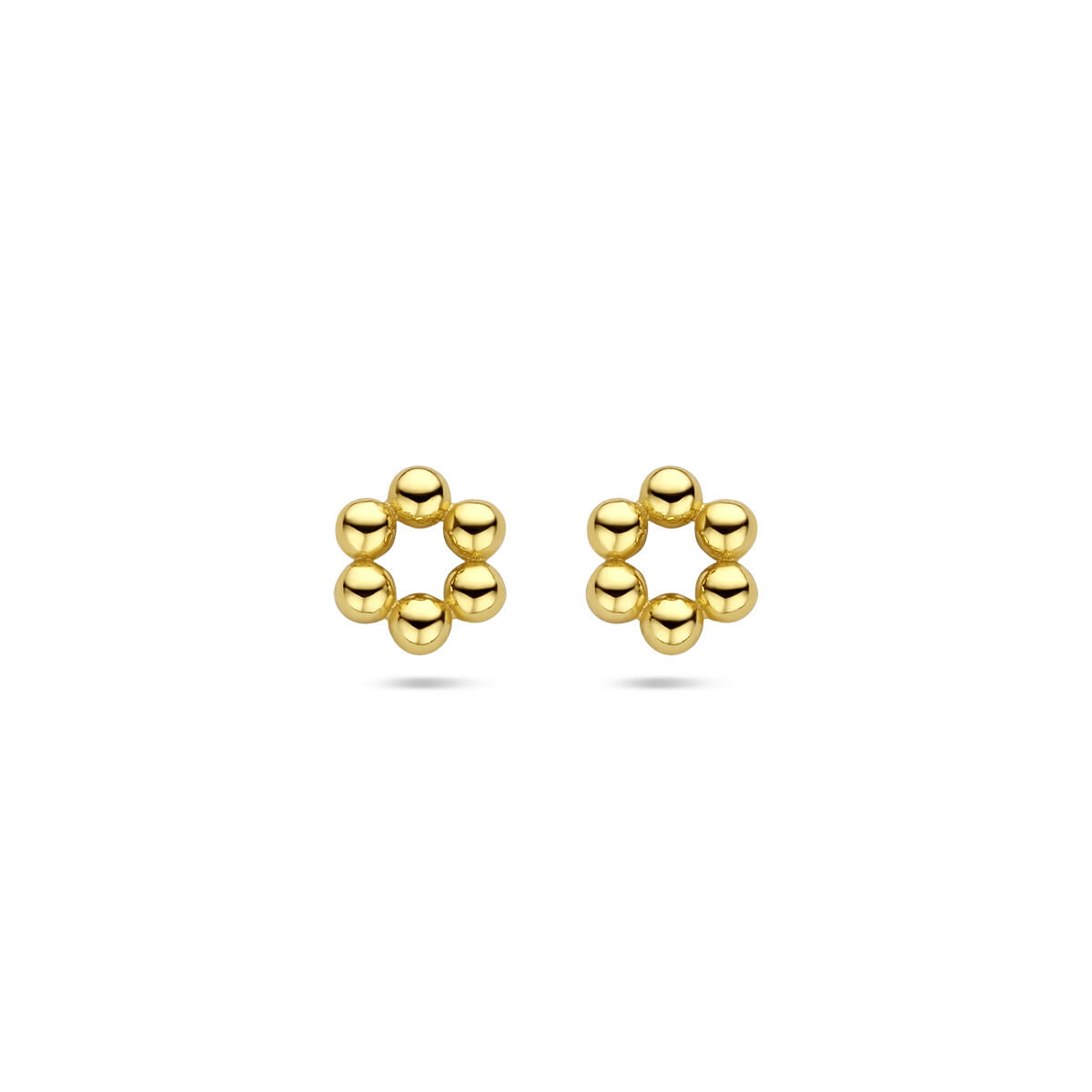 Pendientes de bolitas de 1 micrón de plata dorada (amarillo) en forma de flor.