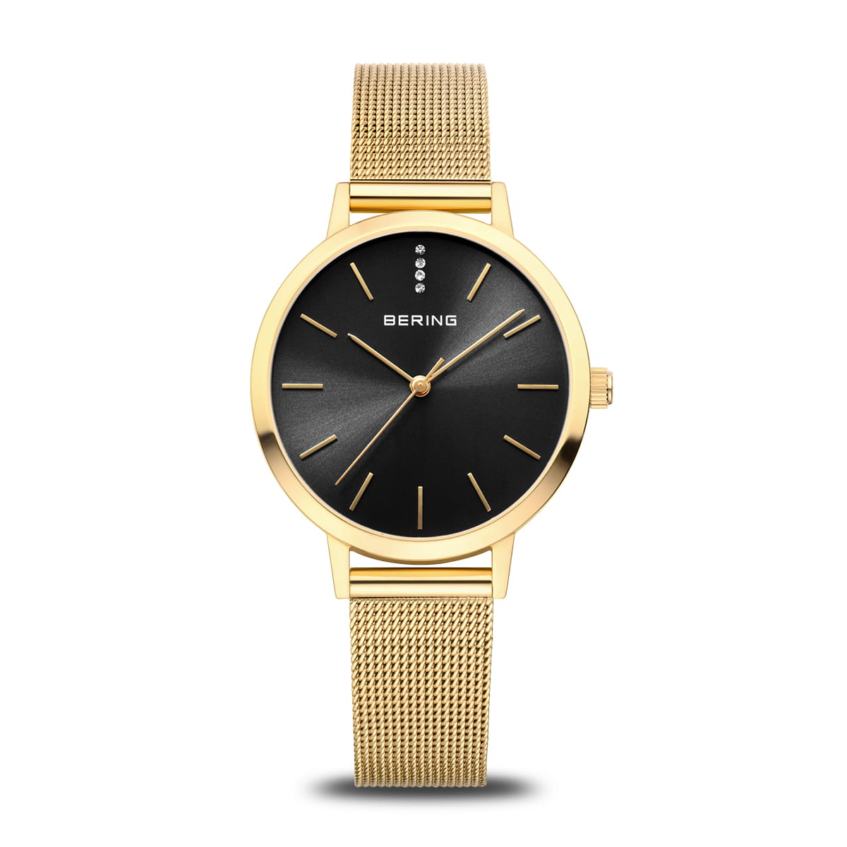 Reloj de mujer con esfera negra, caja dorada y correa de malla dorada.