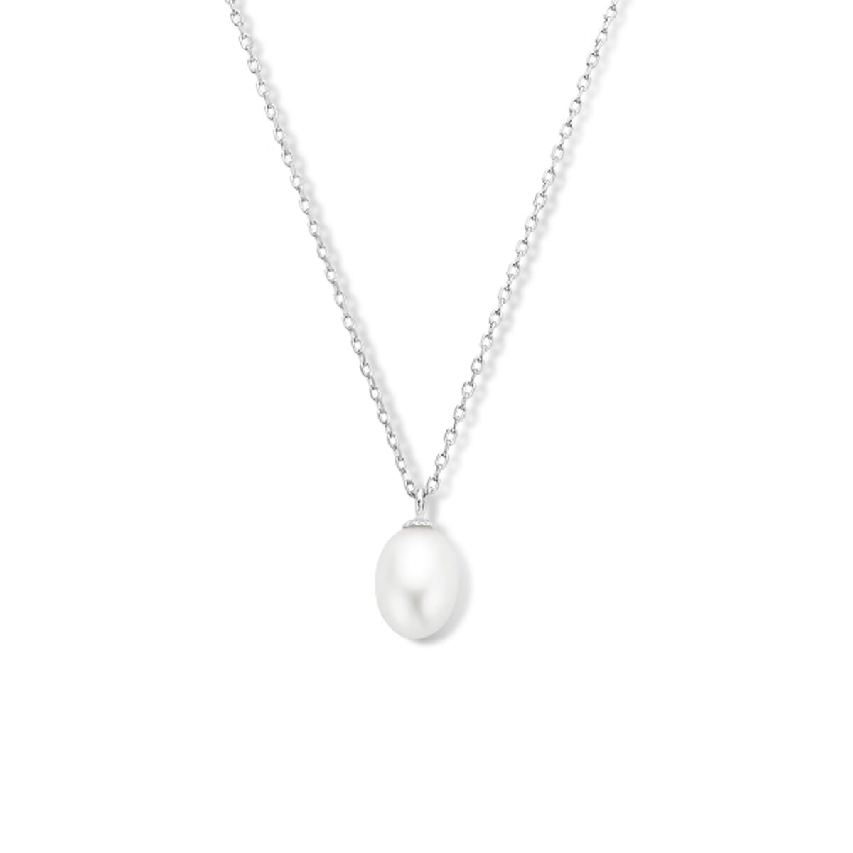 Collar de plata rodiada con una perla blanca, longitud de 41 cm más 4 cm de extensión.