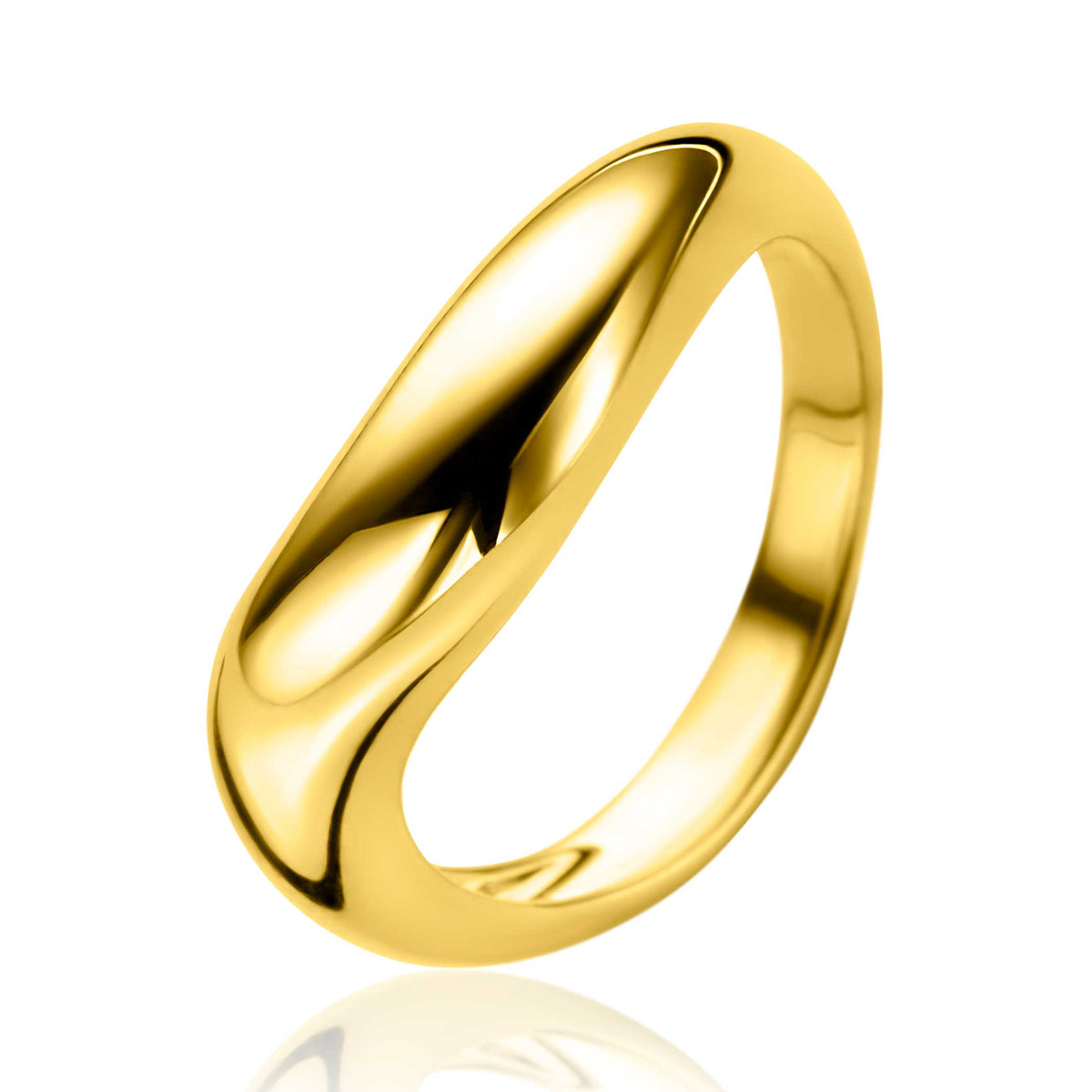 Anillo dorado con un diseño liso y curvado, acabado brillante.