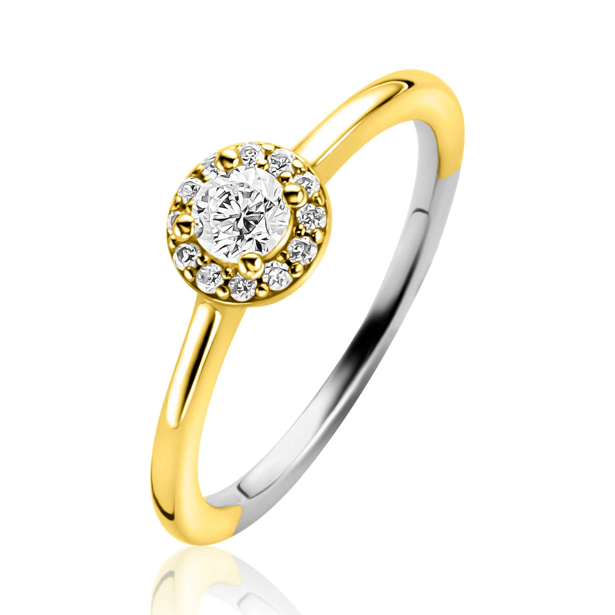 Anillo dorado con circonitas y un brillante central rodeado de piedras.