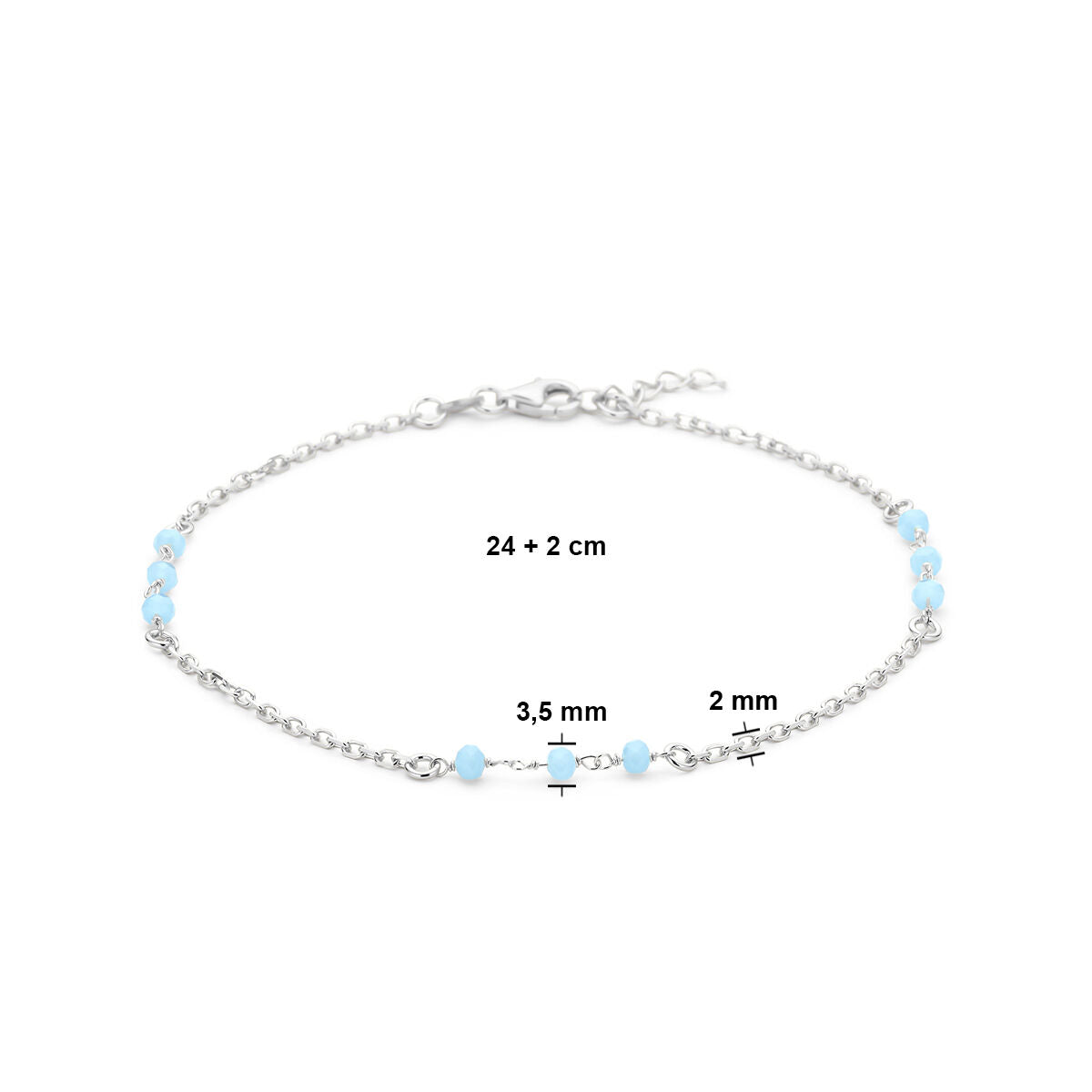 pulsera de bolitas de cristal azul 24 + 2 cm plata rodiada