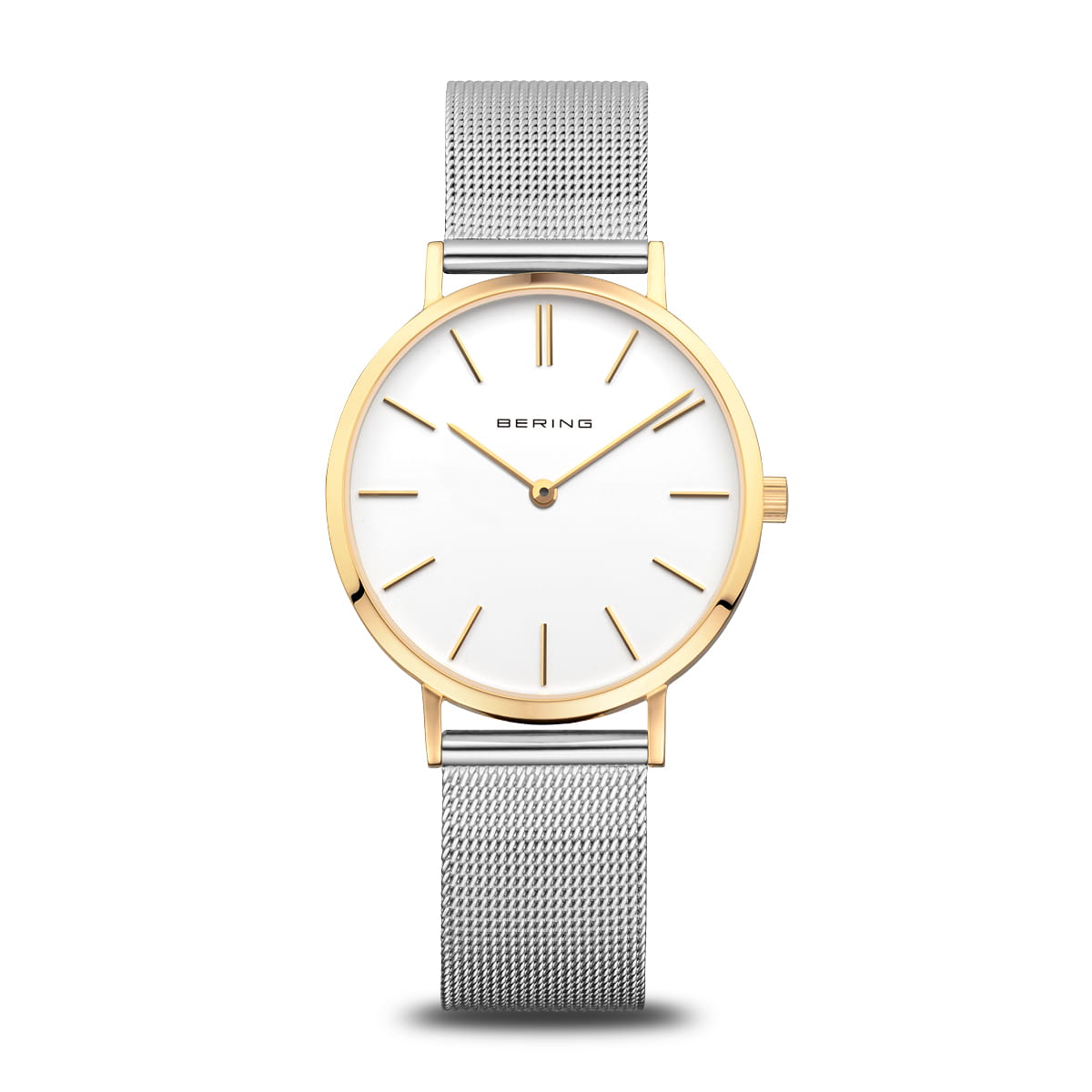 Reloj de mujer con esfera blanca, caja dorada y correa de malla plateada.
