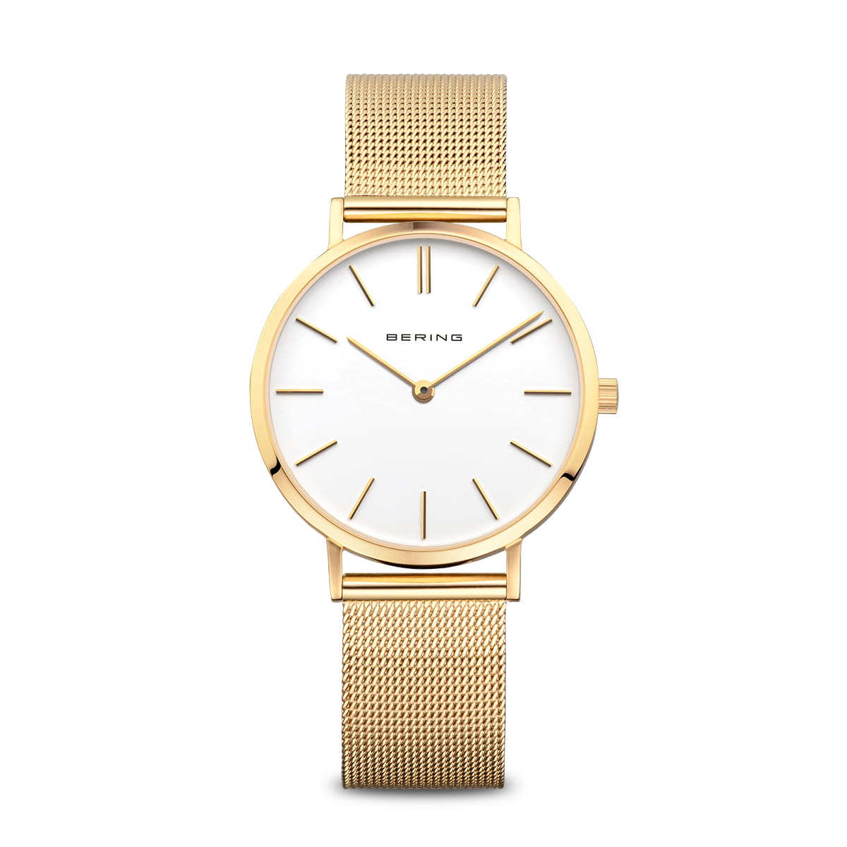 Reloj de mujer con esfera blanca y caja dorada, correa de malla dorada.