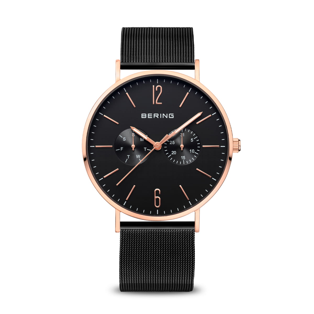 Reloj de hombre Bering con esfera negra, correa de malla negra y detalles en color rosa.