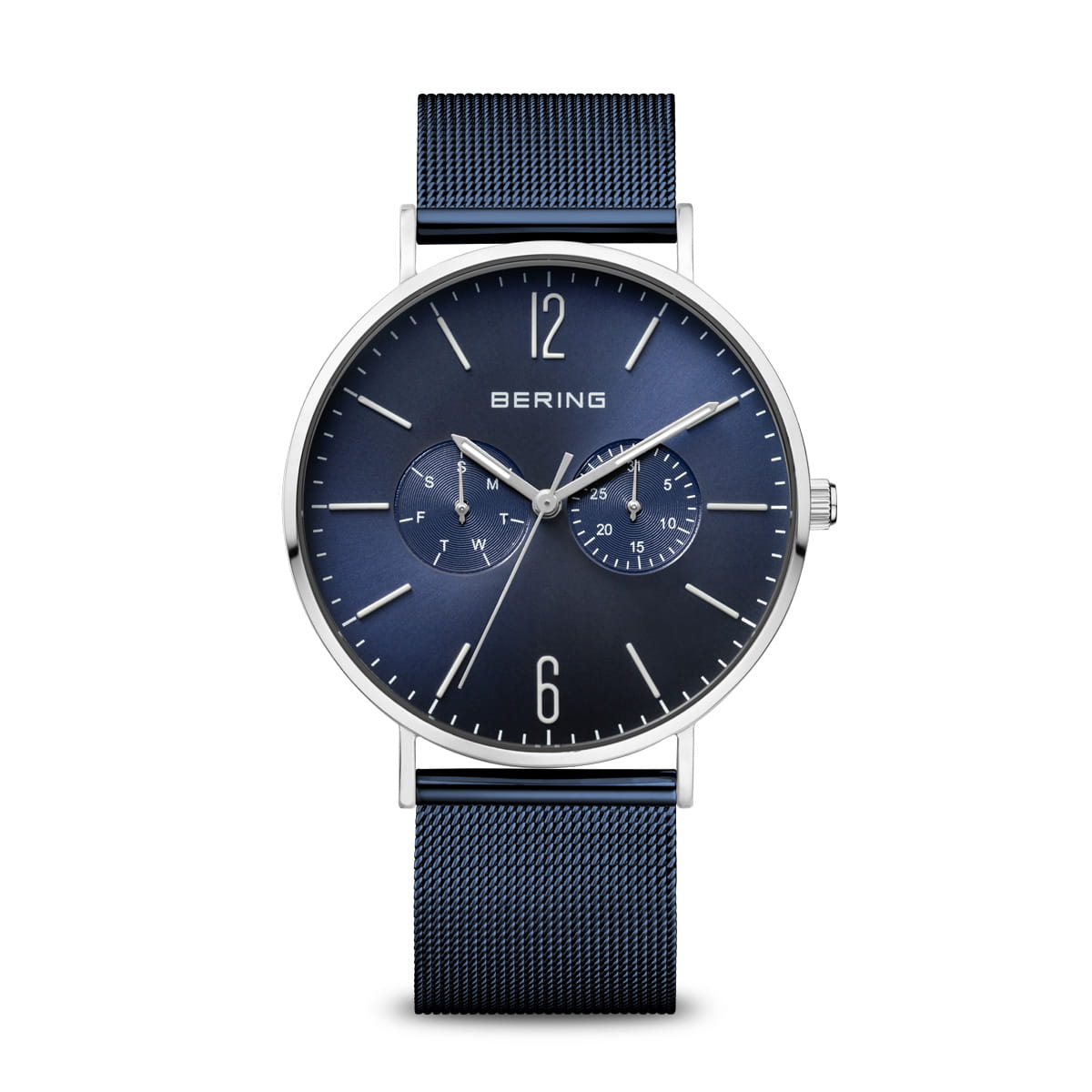Reloj de hombre con esfera azul, correa de malla metálica y detalles plateados.