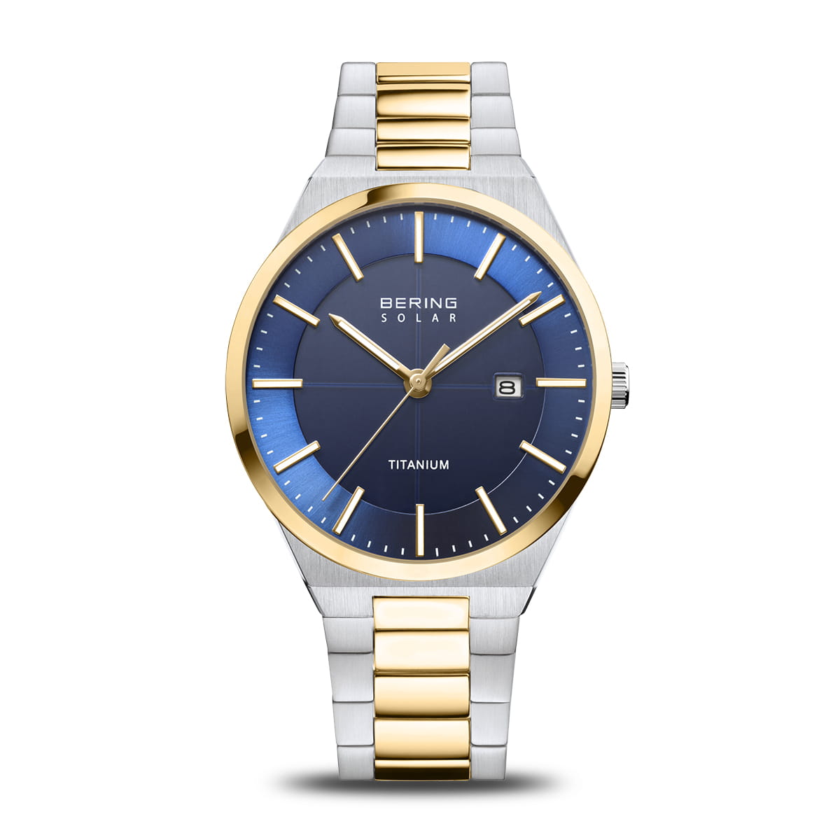 Reloj de titanio con esfera azul y detalles dorados, correa de acero inoxidable bicolor.