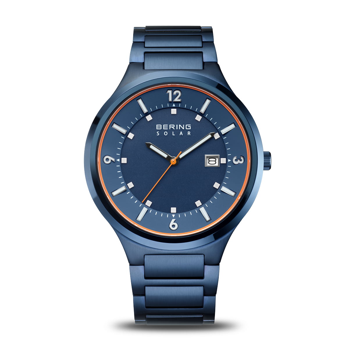 Reloj azul con correa de acero inoxidable, esfera con detalles en naranja y calendario.