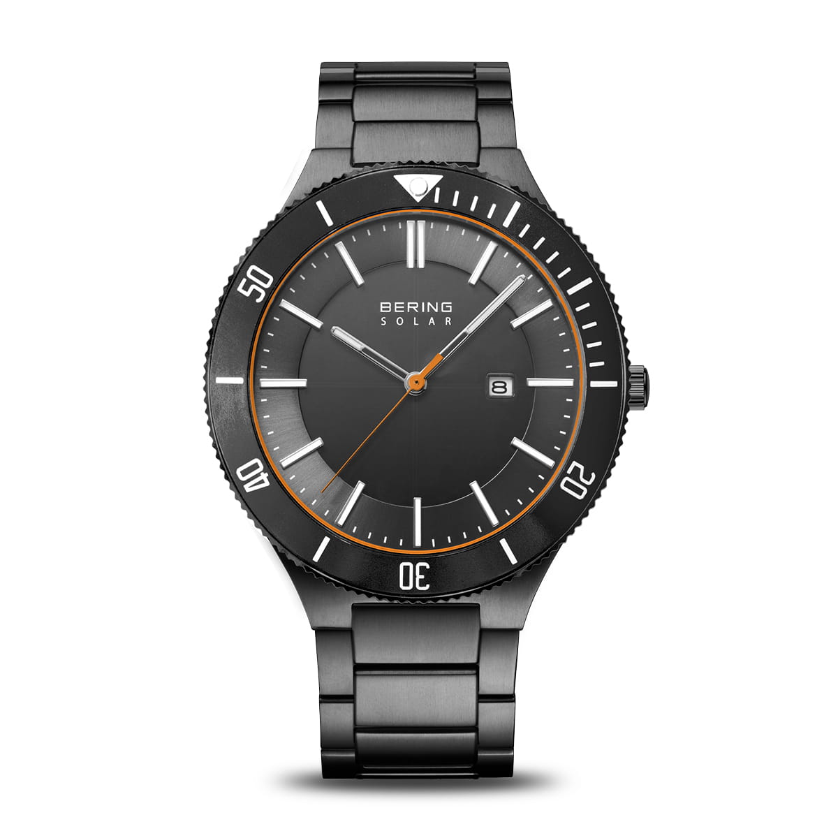 Reloj de hombre con esfera gris, correa de acero inoxidable negra y detalles en naranja.