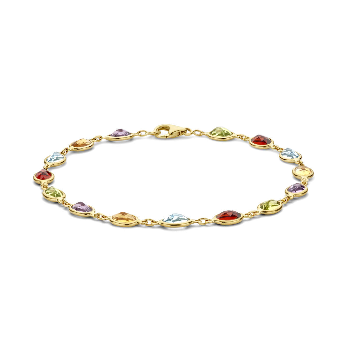 Pulsera dorada de 14K con piedras naturales de colores en forma ovalada.