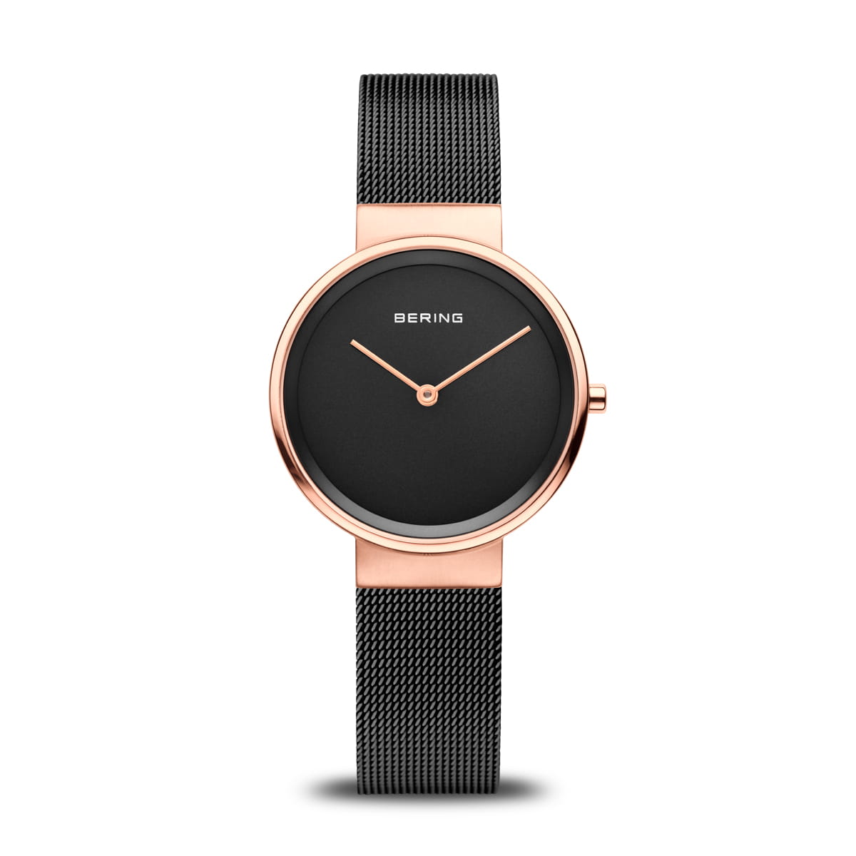Reloj de mujer con esfera negra, caja rosa y correa de malla negra.