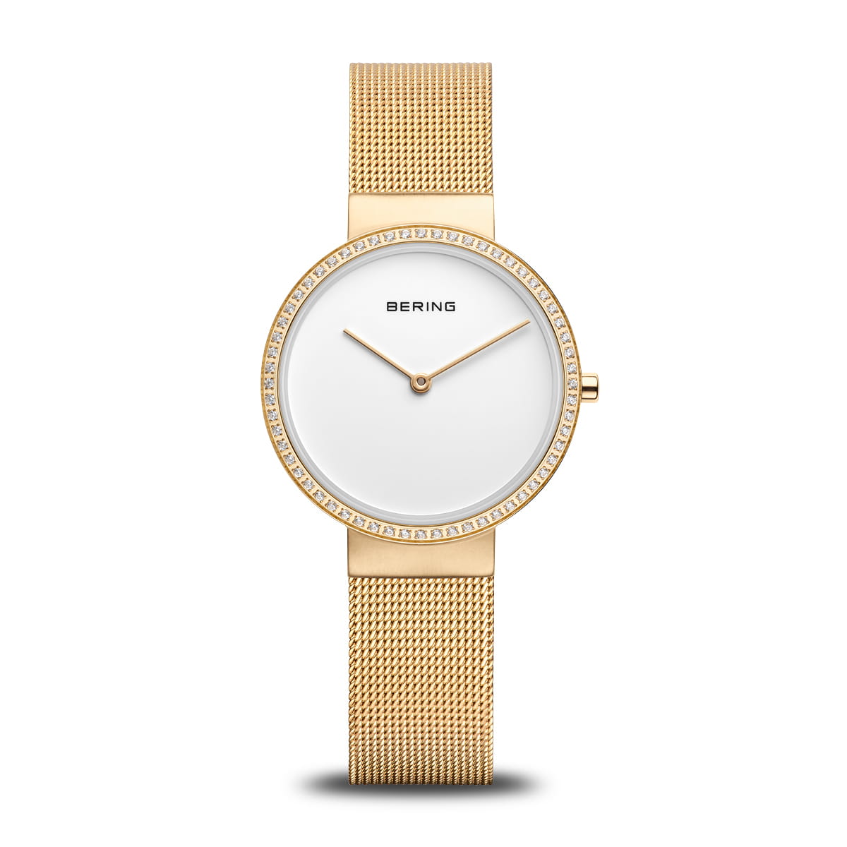 Reloj de mujer con esfera blanca, caja dorada y malla metálica, adornado con cristales.