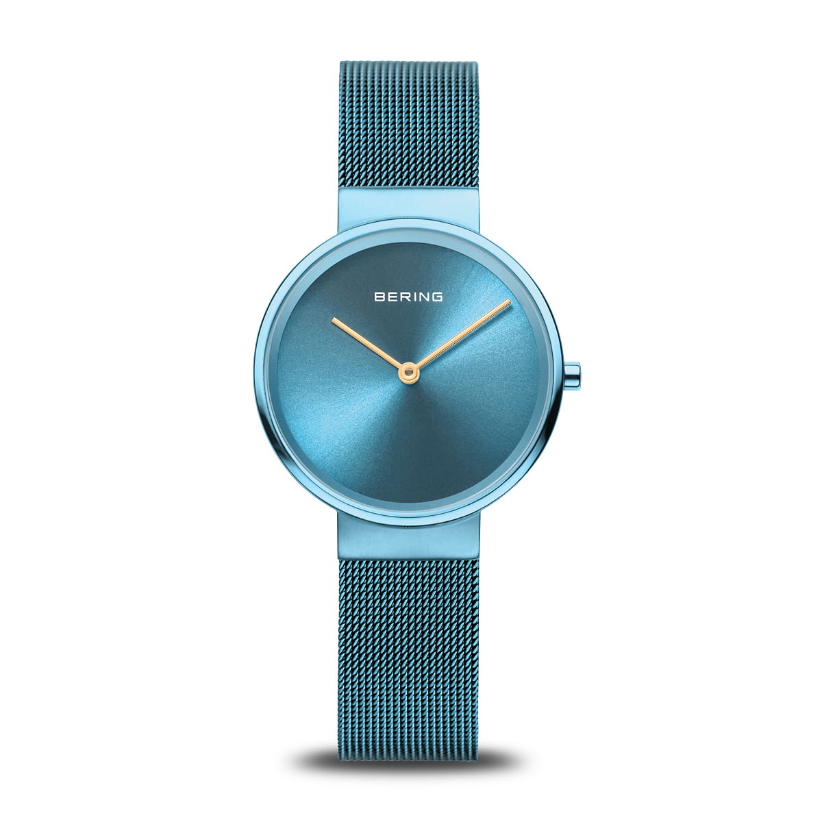 Reloj con esfera azul y correa de malla metálica, detalles dorados en las manecillas.