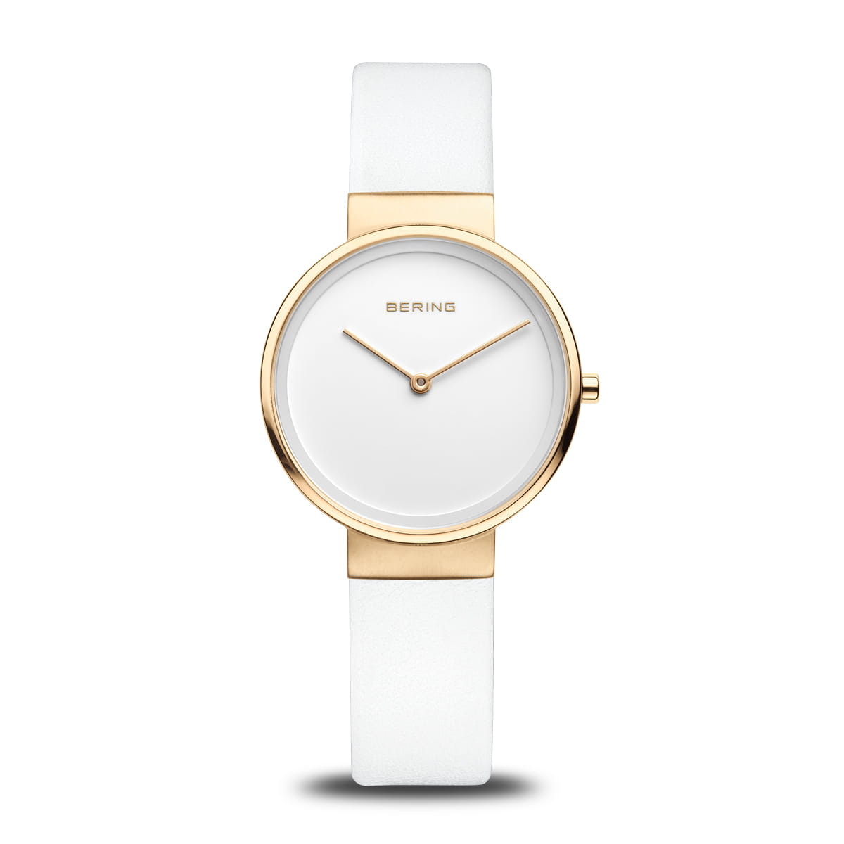 Reloj con esfera blanca, caja dorada y correa de cuero blanca.