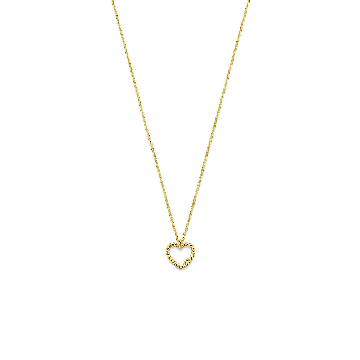 Collar de oro amarillo de 14k con colgante en forma de corazón y diamante.