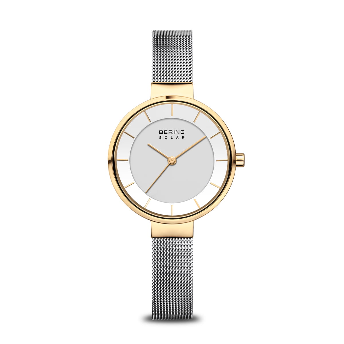 Reloj de mujer con esfera blanca, caja dorada y correa de malla plateada.